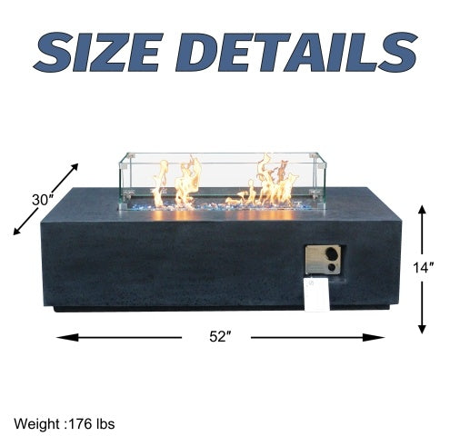 52 Inch Outdoor Concrete Propane Gas Rectangle Fire Pit Table In Dark Gray Color