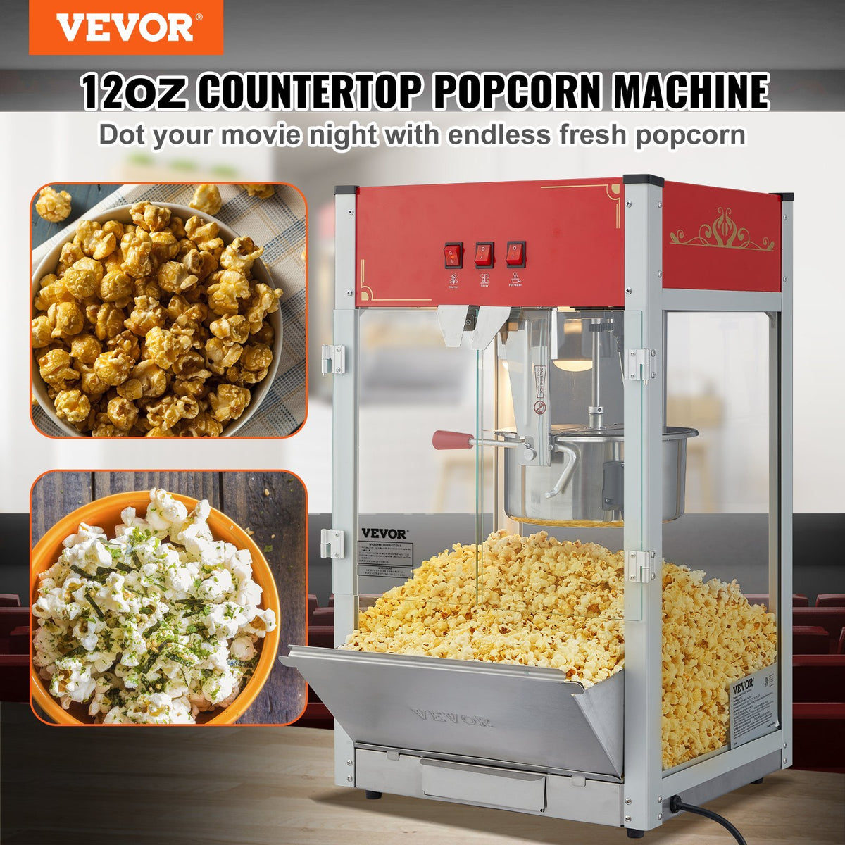 Popcorn Popper Machine 12 Oz Countertop Popcorn Maker 1440W 80 Cups Red