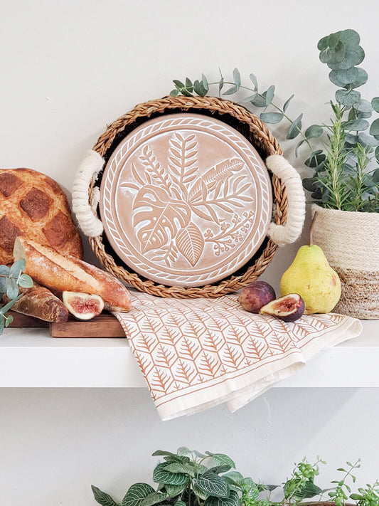 Bread Warmer & Basket Gift Set with Tea Towel - Plant Round