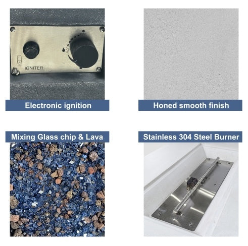 52 Inch Outdoor Concrete Propane Gas Rectangle Fire Pit Table In Dark Gray Color