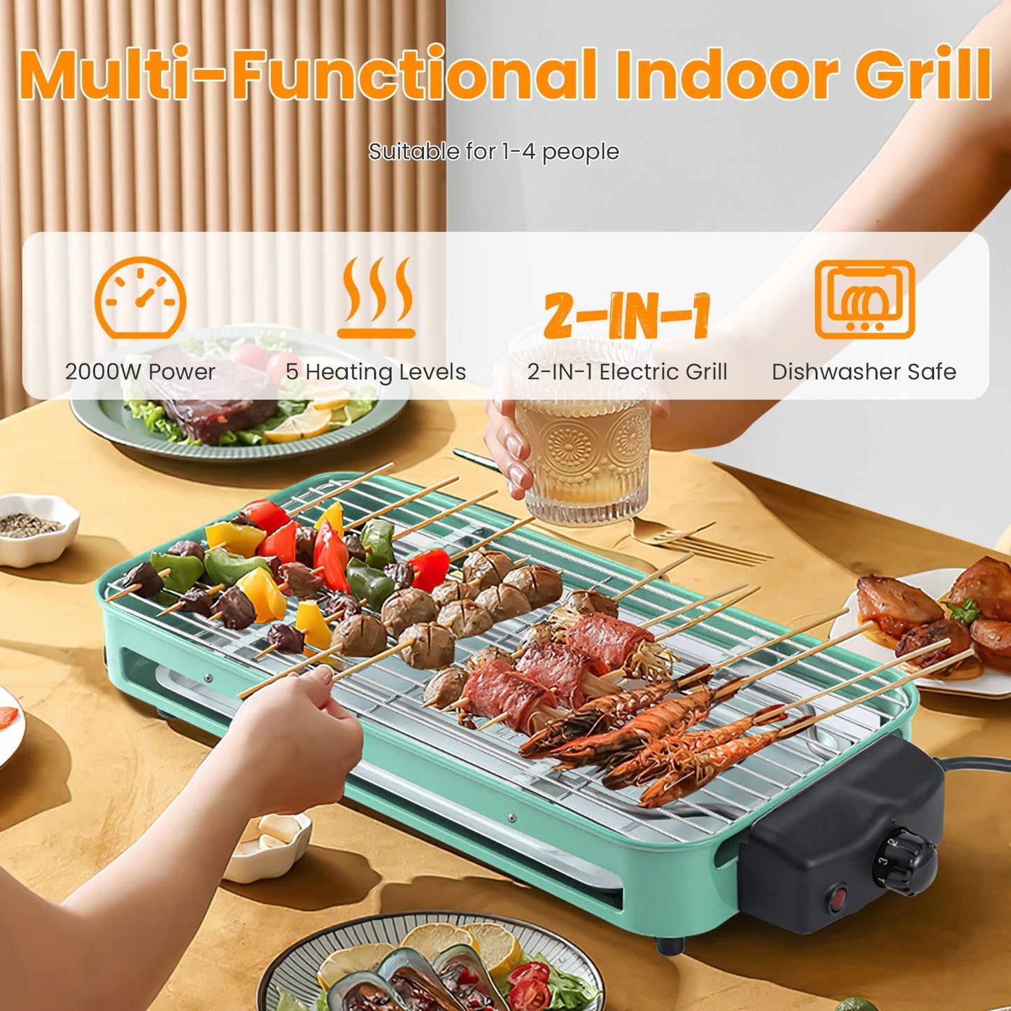 1Pc 2000W Electric Indoor Grill 2 In 1